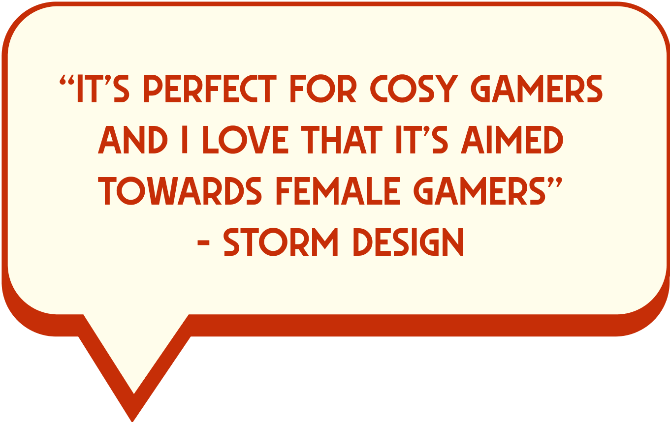 Red speech bubble with pixelated text reading "It's perfect for cosy gamers and I love that it's aimed towards female gamers" on cream background.